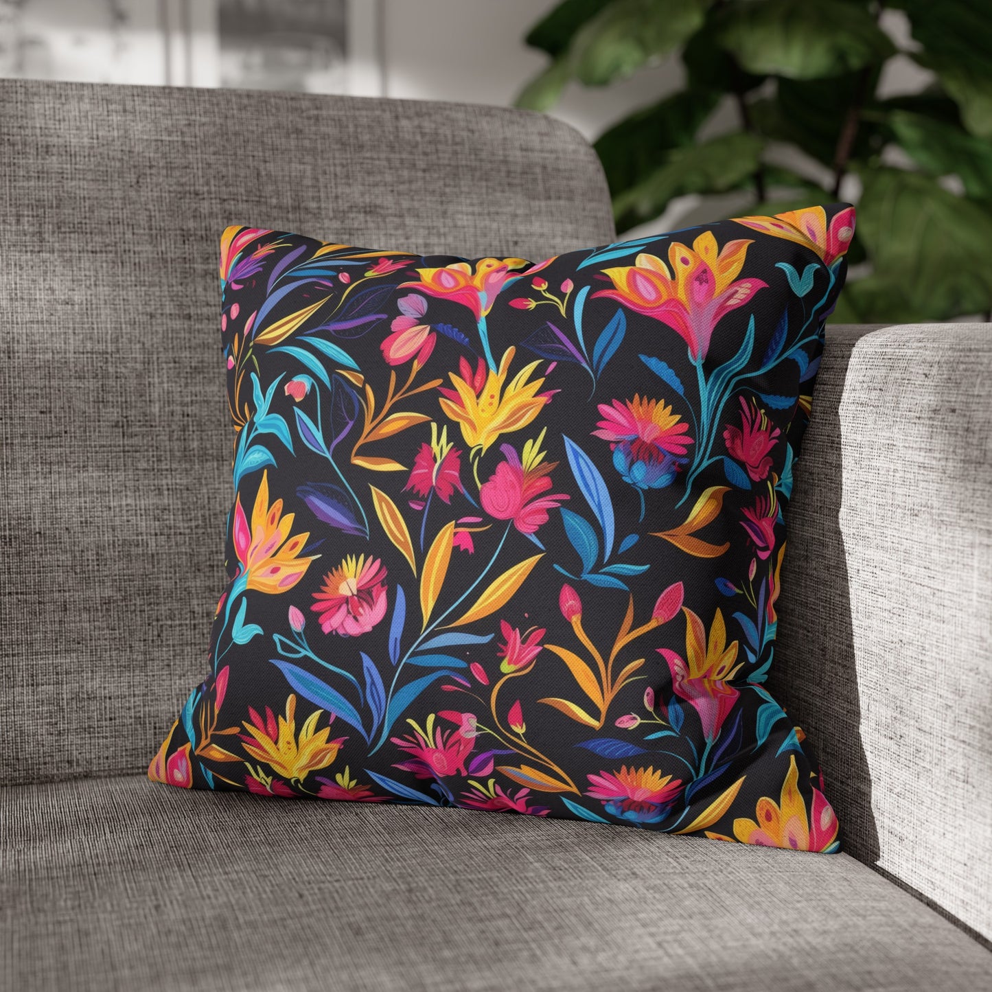 Vibrant Floral Fantasy in Midnight Garden Design Spun Polyester Square Pillowcase 4 Sizes