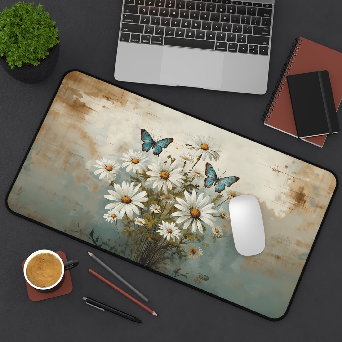 Rustic Farmhouse Daisy and Butterfly Design - Desk Mat Extended Gaming Mouse Pad 3 Sizes