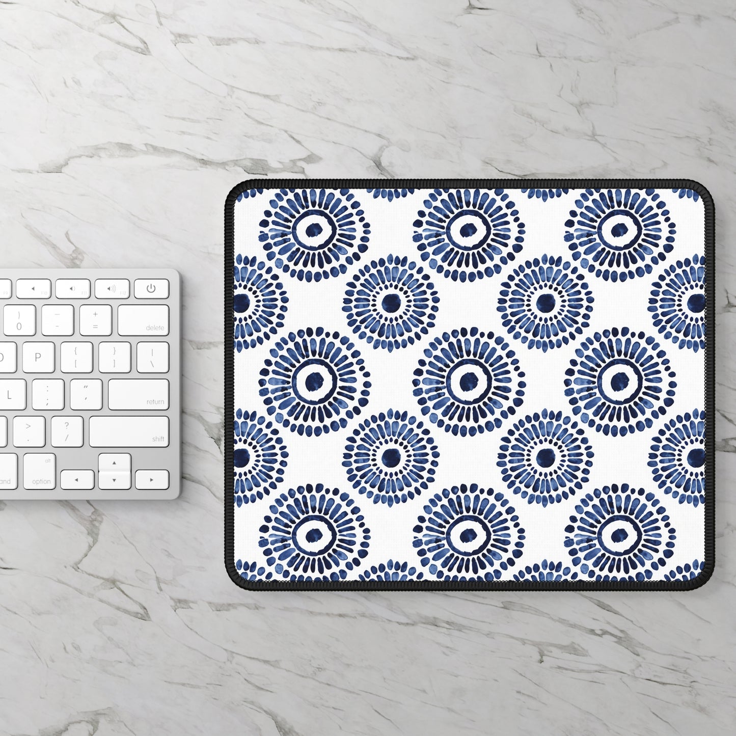 Indigo Sunburst Simple Folk-Inspired Dot Pattern Design Gaming Mouse Pad with Finished Edges