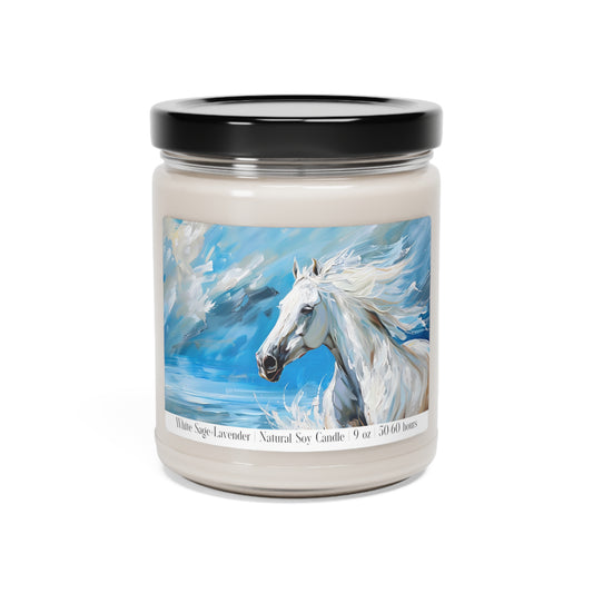 Majestic White Stallion Galloping Along the Ocean's Edge Scented Soy 9oz Candle in 9 Amazing Scents