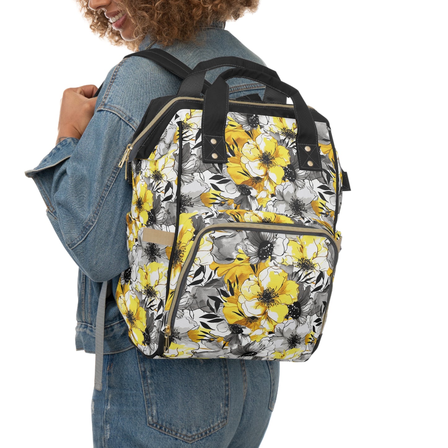 Soothing Radiance: Large Yellow and Grey Watercolor Flower Multifunctional Diaper Backpack