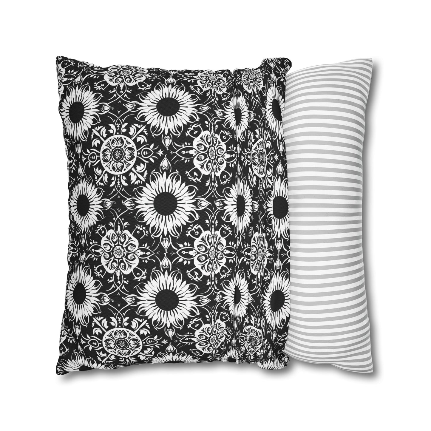 Elegant Mandala Design with Black and White Sunflowers Spun Polyester Square Pillowcase 4 Sizes