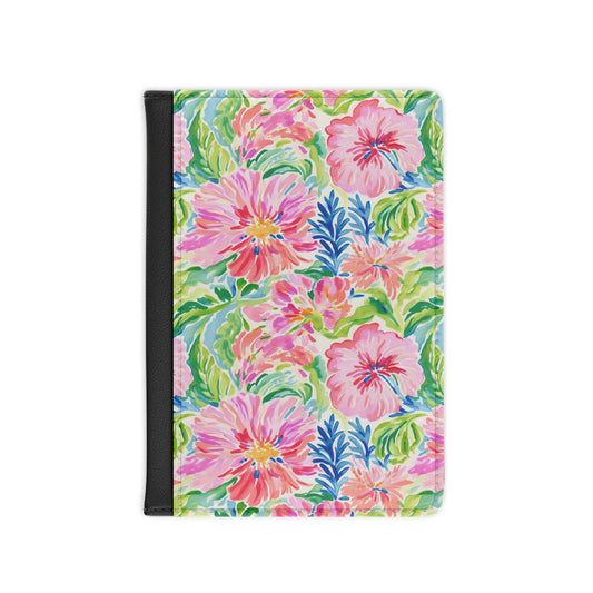 Pastel Oasis: Watercolor Hibiscus Flowers and Palms in Soft Hues - Passport Cover Faux Leather RFID Blocking