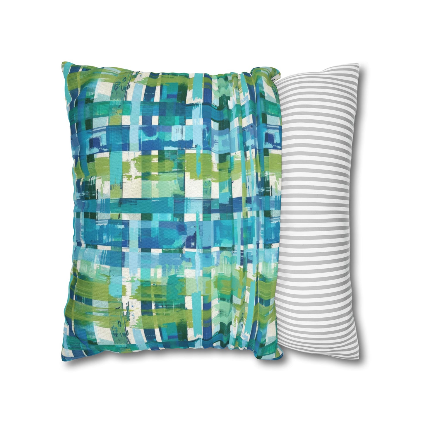 Enchanted Lagoon: Vibrant Green and Blue Abstract Plaid Spun Polyester Square Pillowcase 4 Sizes