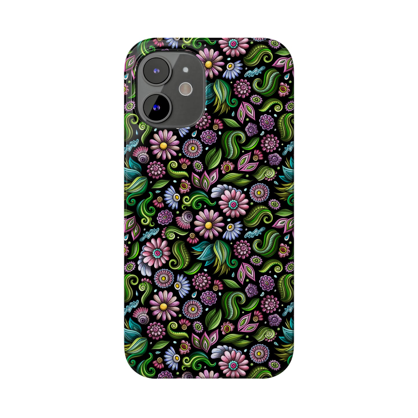 Purple & Pink Daisy Floral Print on Black Background Iphone 15-12 Slim Phone Case