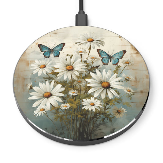 Rustic Farmhouse Daisy and Butterfly Design Wireless Cell Phone 10W Charger