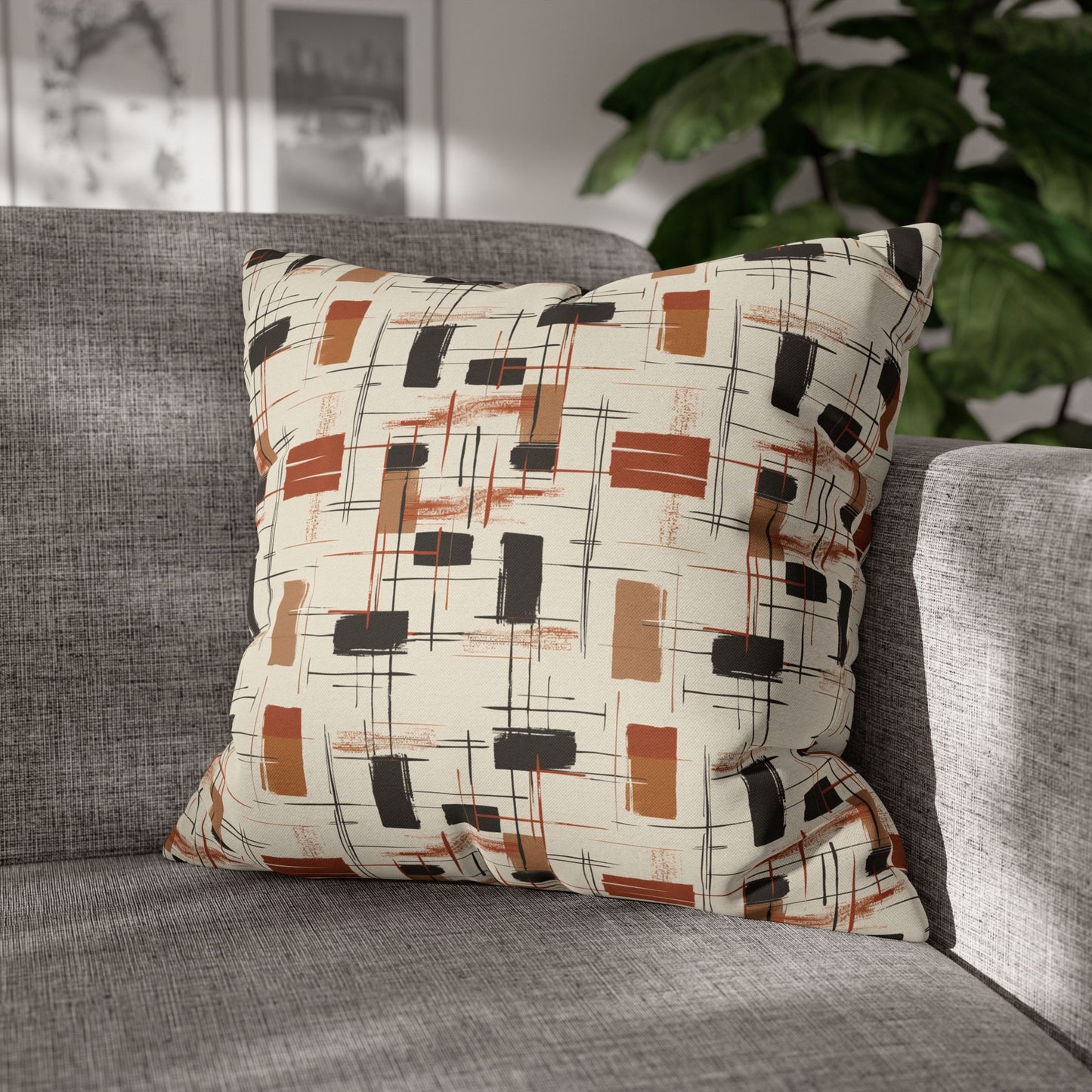 Modern Artistry in Bold and Minimalistic Pattern in a Palette of Black, Dark Orange, and Beige Spun Polyester Square Pillowcase 4 Sizes