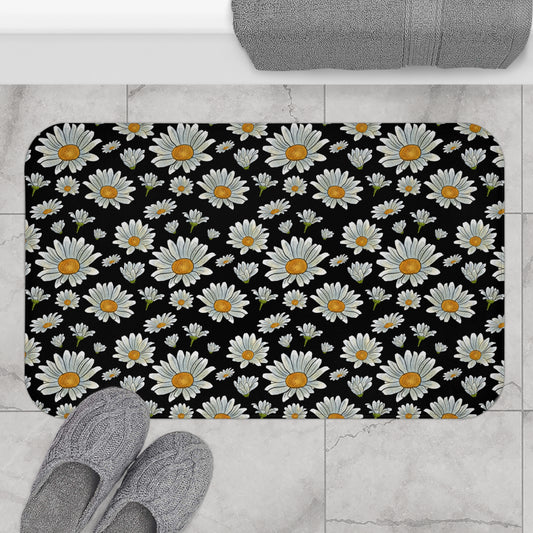 Large Watercolor Summer Daisies Blooming Against a Bold Black Background  - Bathroom Non-Slip Mat 2 Sizes