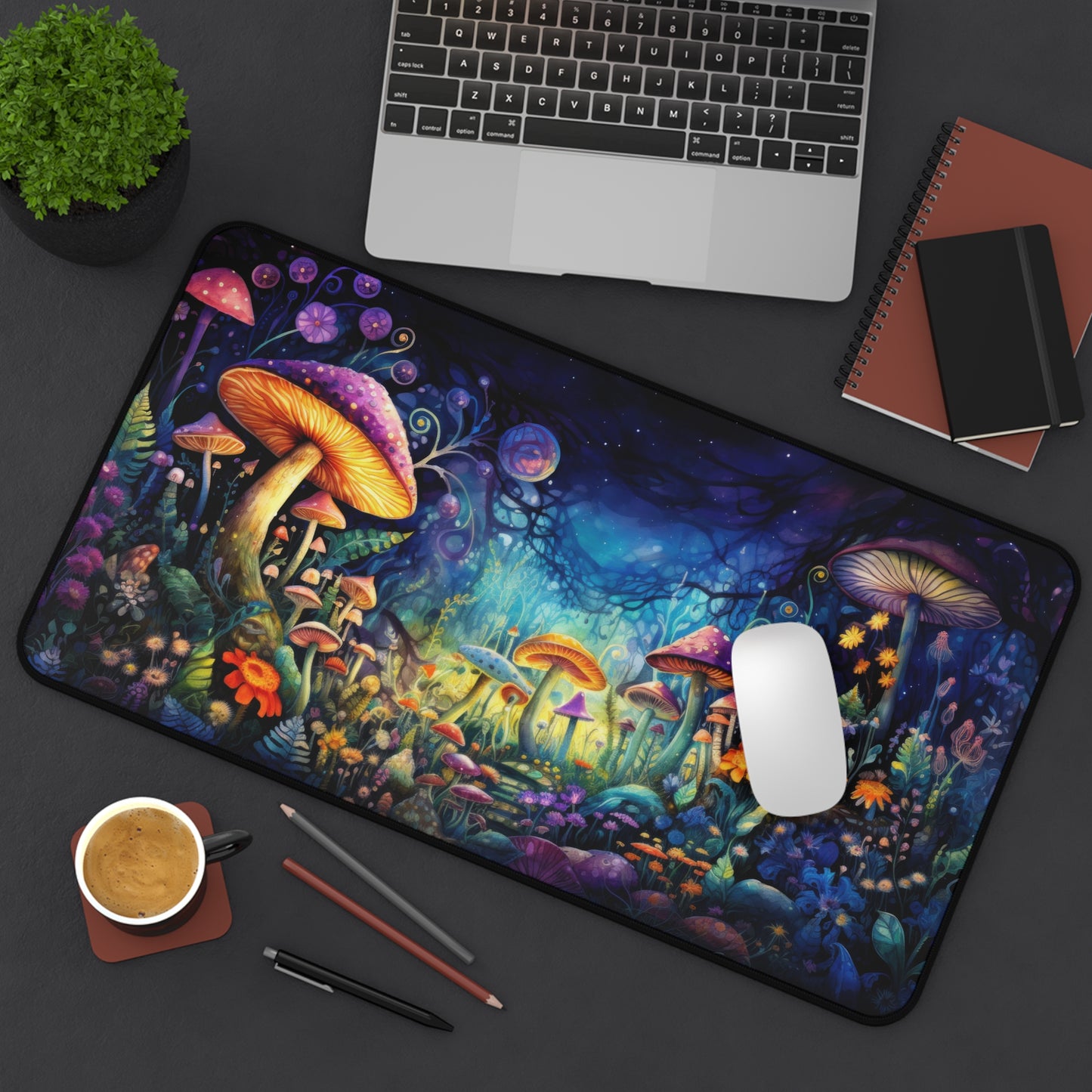 Fantasy Neon Nighttime Mushroom and Flower Garden - Desk Mat Extended Gaming Mouse Pad 3 Sizes