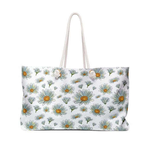 Large Watercolor Summer Daisies Blooming Against a White Background  - Weekender Oversized Canvas Tote Bag 24" × 13"