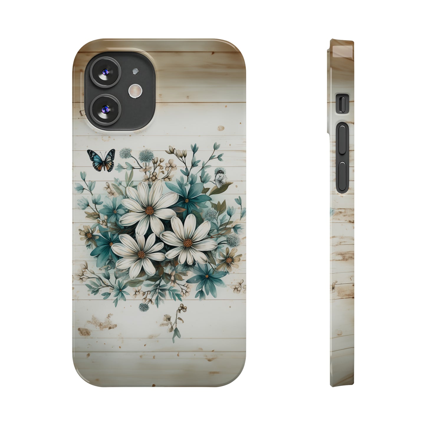 Rustic Charm Bouquet featuring Teal Accents White Wild Daisies with Butterflies  Iphone 15-12 Slim Phone Case