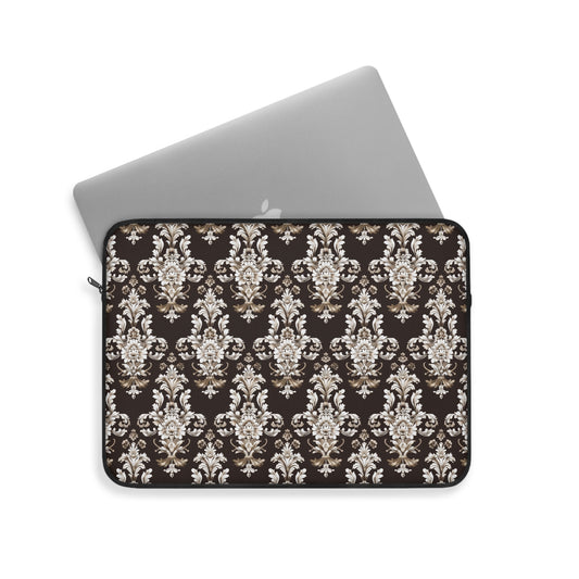 Elegant Rococo Pattern of Intricate Brown and White Floral Scroll Design Laptop or Ipad Protective Sleeve 3 Sizes Available