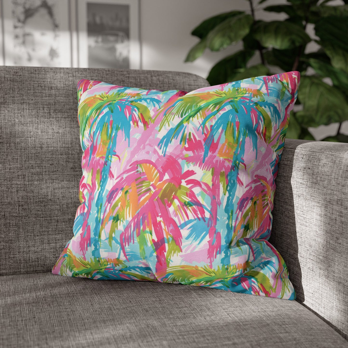 Pastel Paradise: Palm Trees in Soft Blues, Pinks, and Greens Spun Polyester Square Pillowcase 4 Sizes