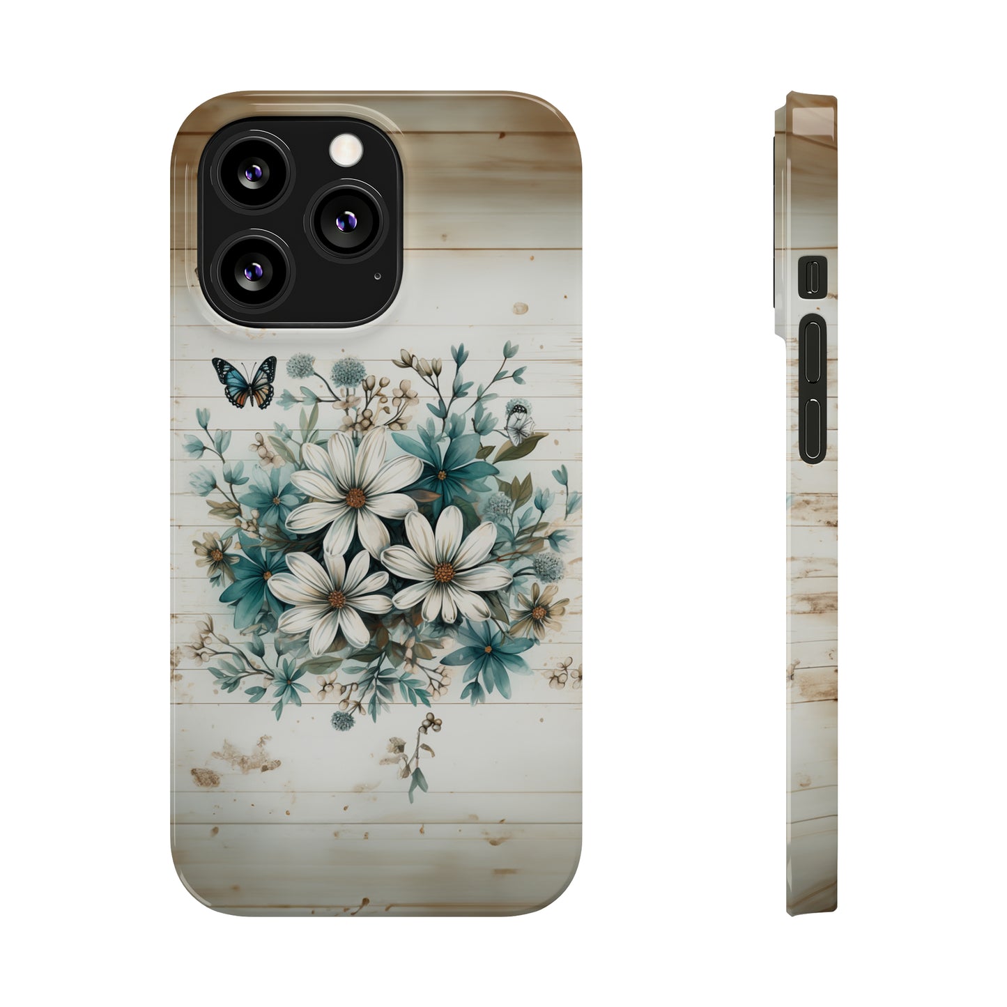 Rustic Charm Bouquet featuring Teal Accents White Wild Daisies with Butterflies  Iphone 15-12 Slim Phone Case