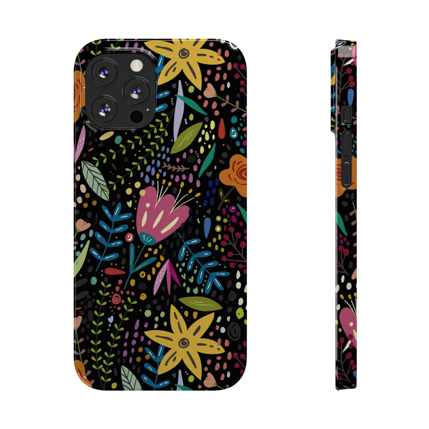 Springtime Splendor: Hand-Drawn Flowers Bursting with Vibrant Colors Design on Black Iphone 15-12 Slim Phone Case