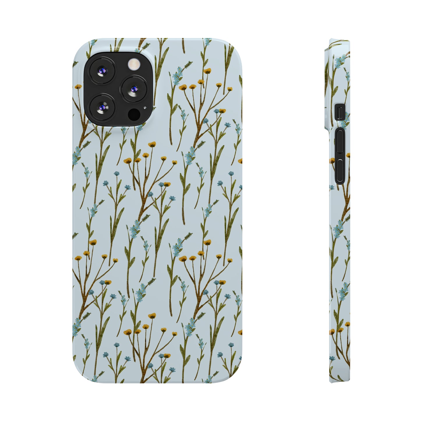 Delicate Blue and Yellow Wildflowers on a Light Blue Background Design Iphone 15-12 Slim Phone Case