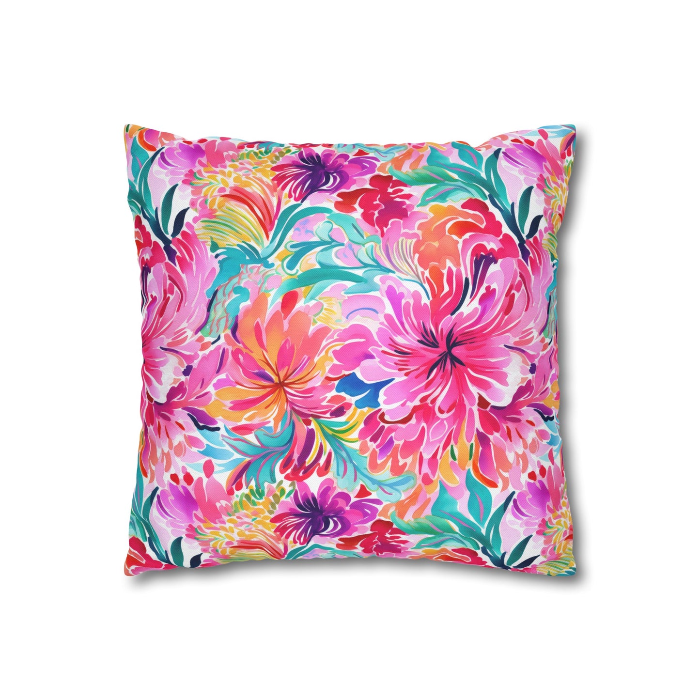 Rainbow Tropics: Watercolor Flowers in Vibrant Pink, Green and Orange Hues Spun Polyester Square Pillowcase 4 Sizes