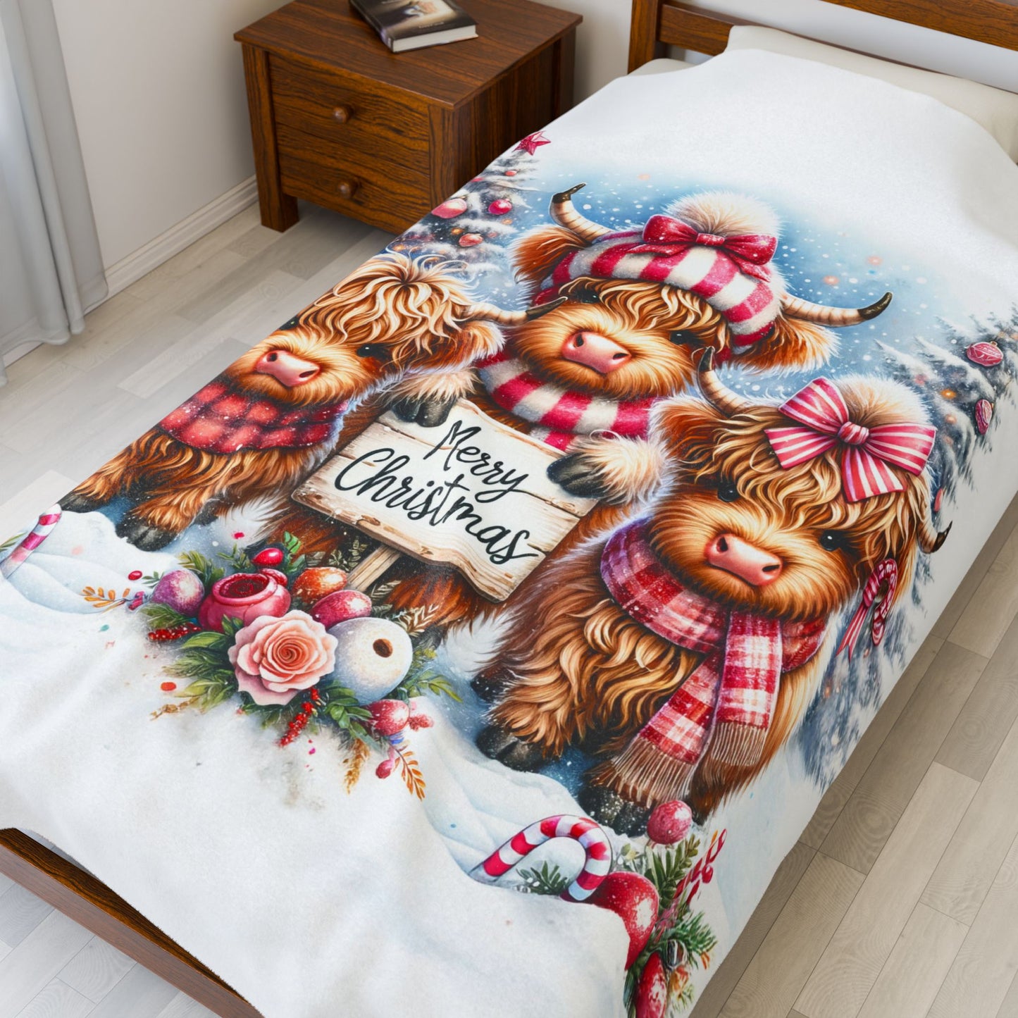 Baby Highland Cows Merry Christmas Peppermint Holiday Velveteen Plush Blanket 3 Sizes