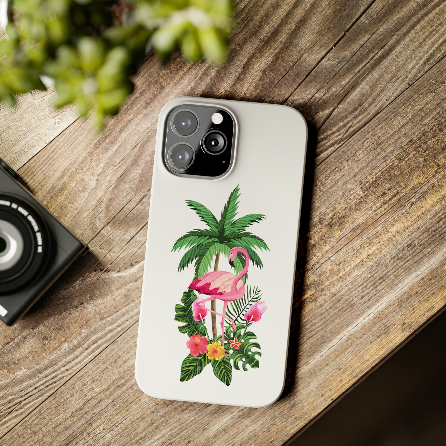 Tropical Pink Flamingo and Flowers White Background Iphone 15-12 Slim Phone Case