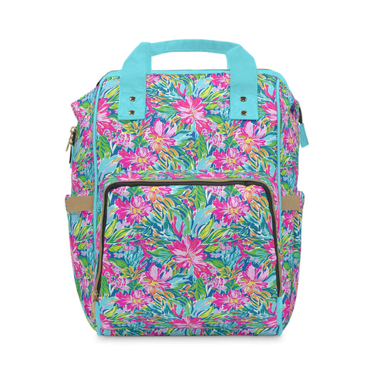 Sunlit Symphony: Large Blooms of Pink, Blue, and Green in Watercolor Multifunctional Diaper Backpack