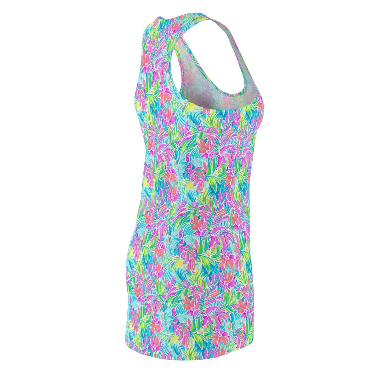 Neon Tropics: Vibrant Rainbow Flowers and Palm Leaves in Electric Splendor Women's Racerback Dress XS - 2XL