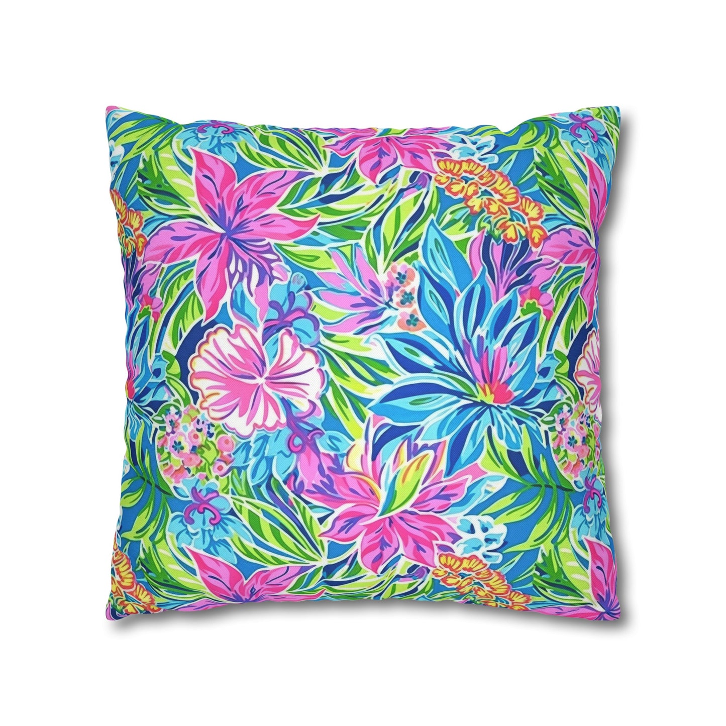 Summer Harmony: Pink and Blue Blooms with Lush Green Leaves Spun Polyester Square Pillowcase 4 Sizes