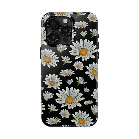 Large Watercolor Summer Daisies Blooming Against a Bold Black Background Iphone Tough Phone Case