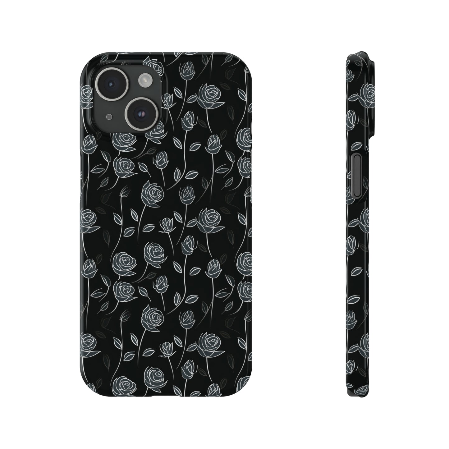 Contrasting Elegance: White Outlined Roses on a Black Background Iphone 15-12 Slim Phone Case