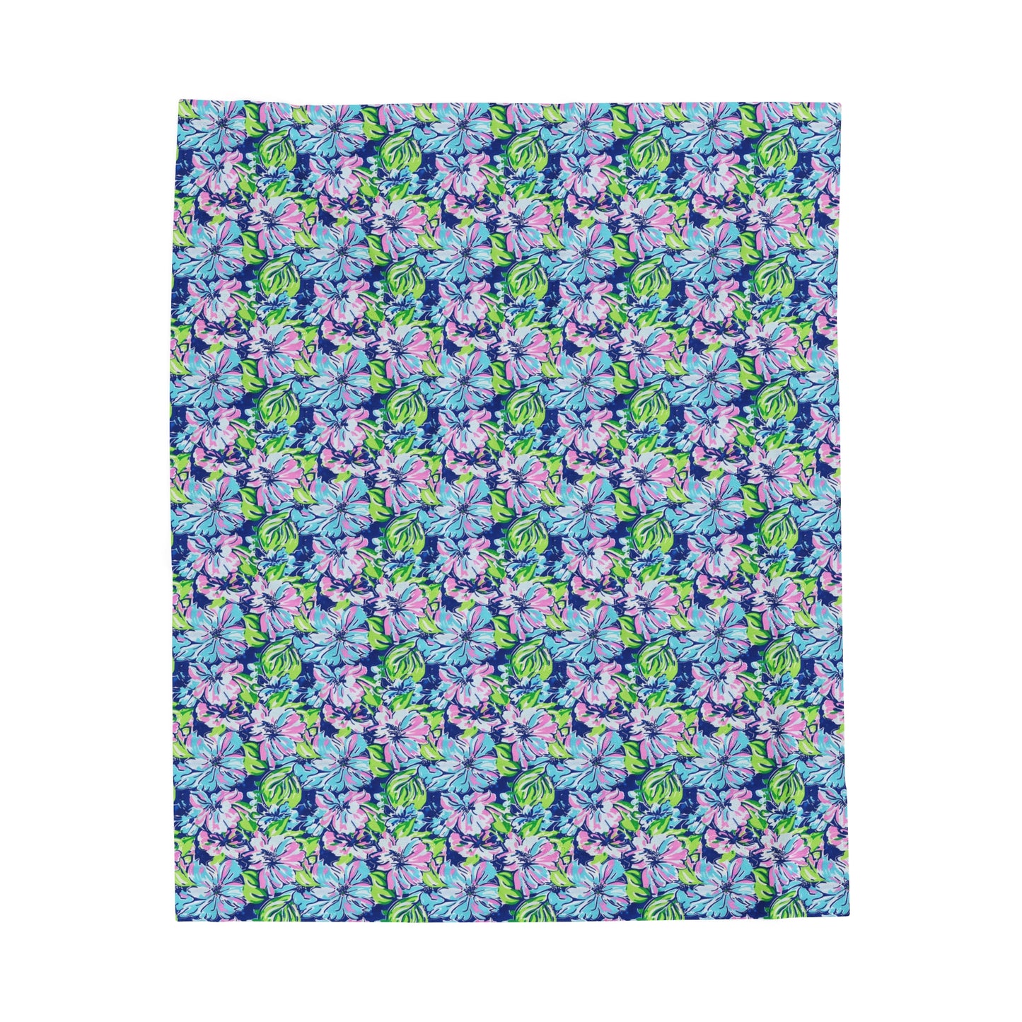 Seaside Coastal Pink, Navy, and Green Tropical Blooms Velveteen Plush Blanket 3 Sizes