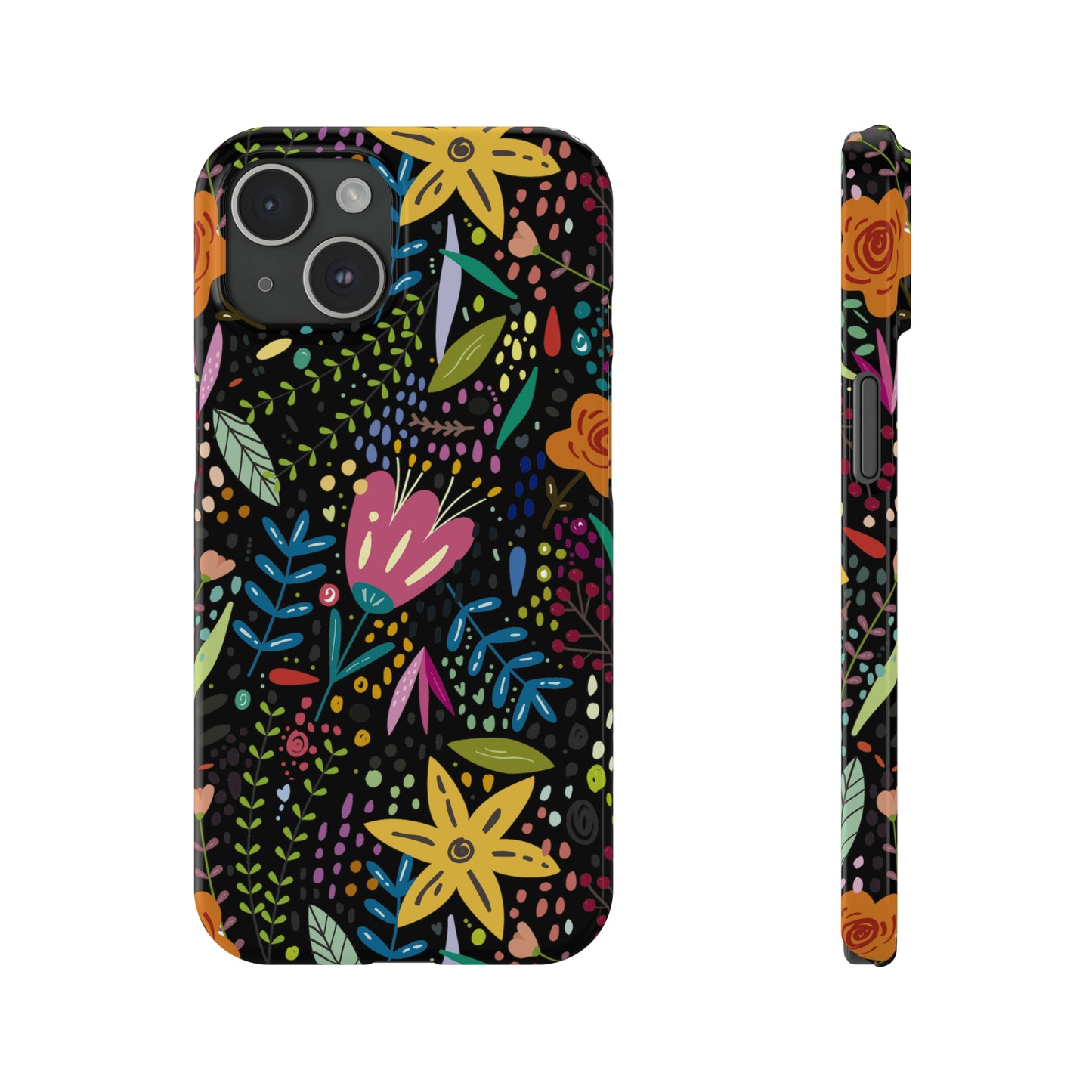 Springtime Splendor: Hand-Drawn Flowers Bursting with Vibrant Colors Design on Black Iphone 15-12 Slim Phone Case