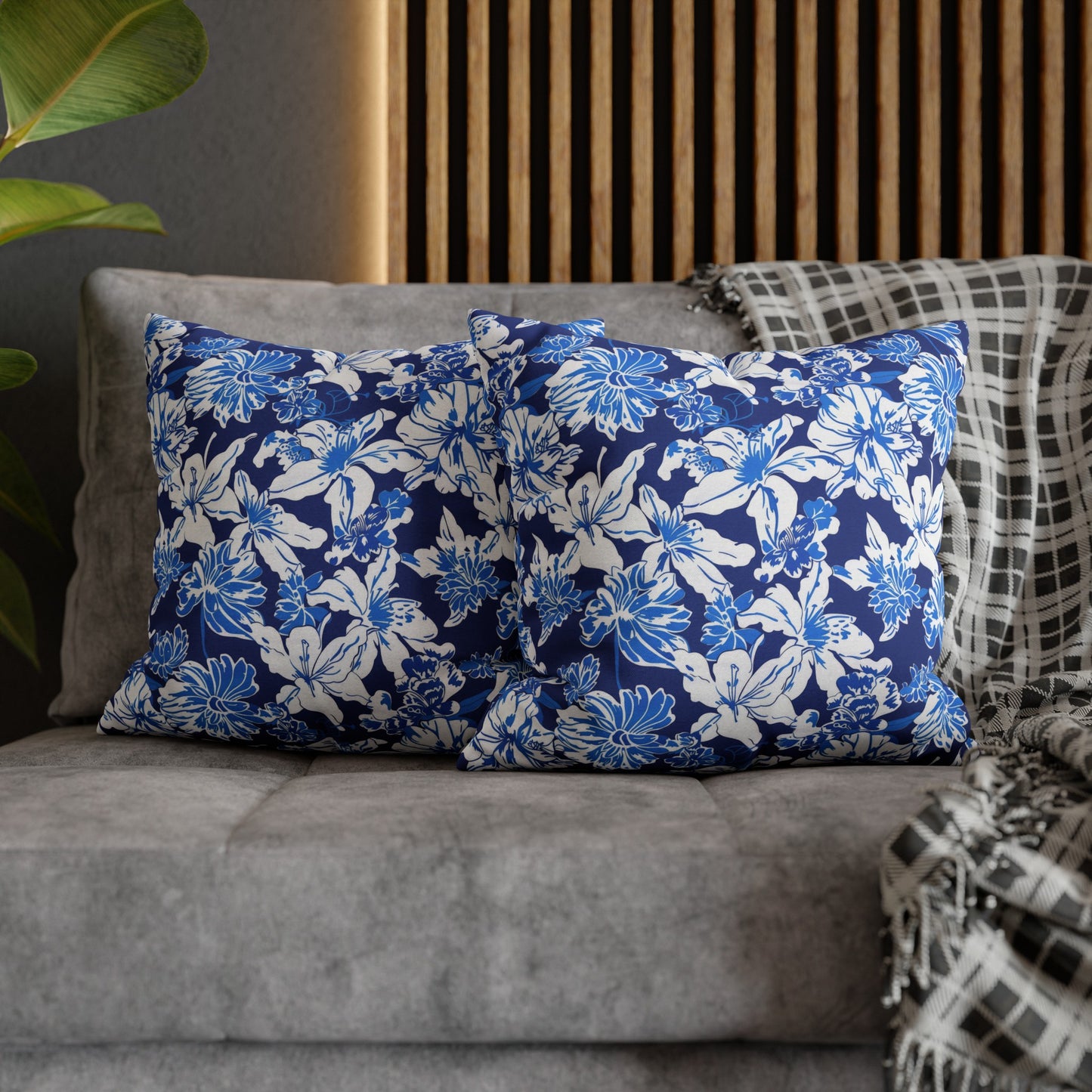 Oceanic Bloom: Watercolor Tropical Flowers in White and Blue against a Deep Blue Background Spun Polyester Square Pillowcase 4 Sizes