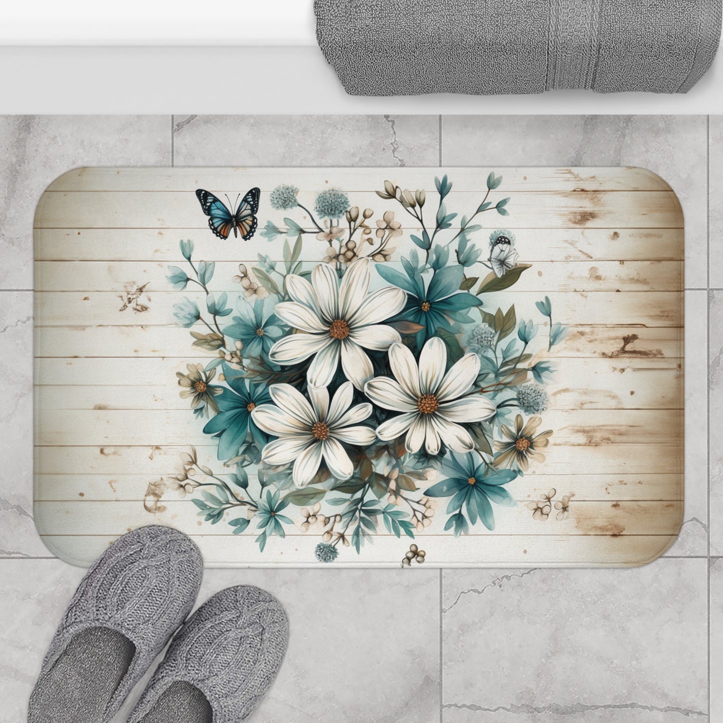 Rustic Charm Bouquet featuring Teal Accents White Wild Daisies with Butterflies  Bathroom Non-Slip Mat 2 Sizes