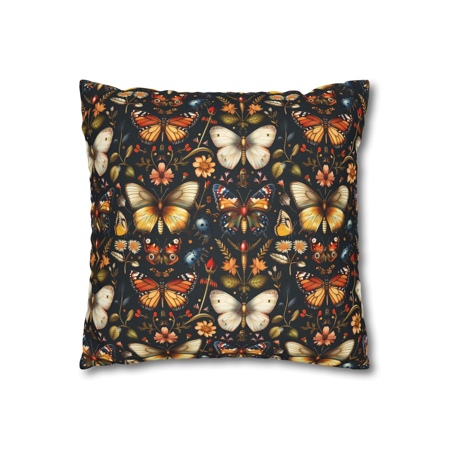 Enchanted Garden of Butterflies and Botanicals in Rich Autumn Hues on a Deep Night Background Polyester Square Pillowcase 4 Sizes