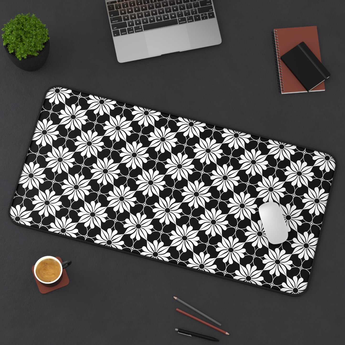 Retro Chic Monochrome Floral Geometric Flowers Extended Gaming Mouse Pad  Desk Mat  - 3 Sizes