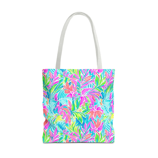 Neon Tropics: Vibrant Rainbow Flowers and Palm Leaves in Electric Splendor  Canvas Tote Bag 3 Sizes