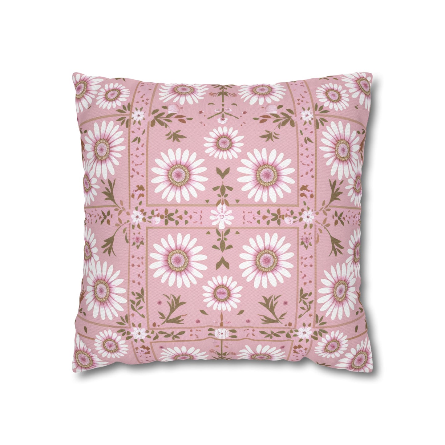 Charming Daisy Pink and White Floral Tile Pattern Spun Polyester Square Pillowcase 4 Sizes