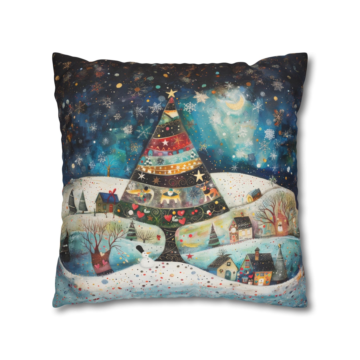 Twilight Treasures: Folk Art Christmas Tree Adorning a Town at Night Spun Polyester Square Pillowcase 4 Sizes