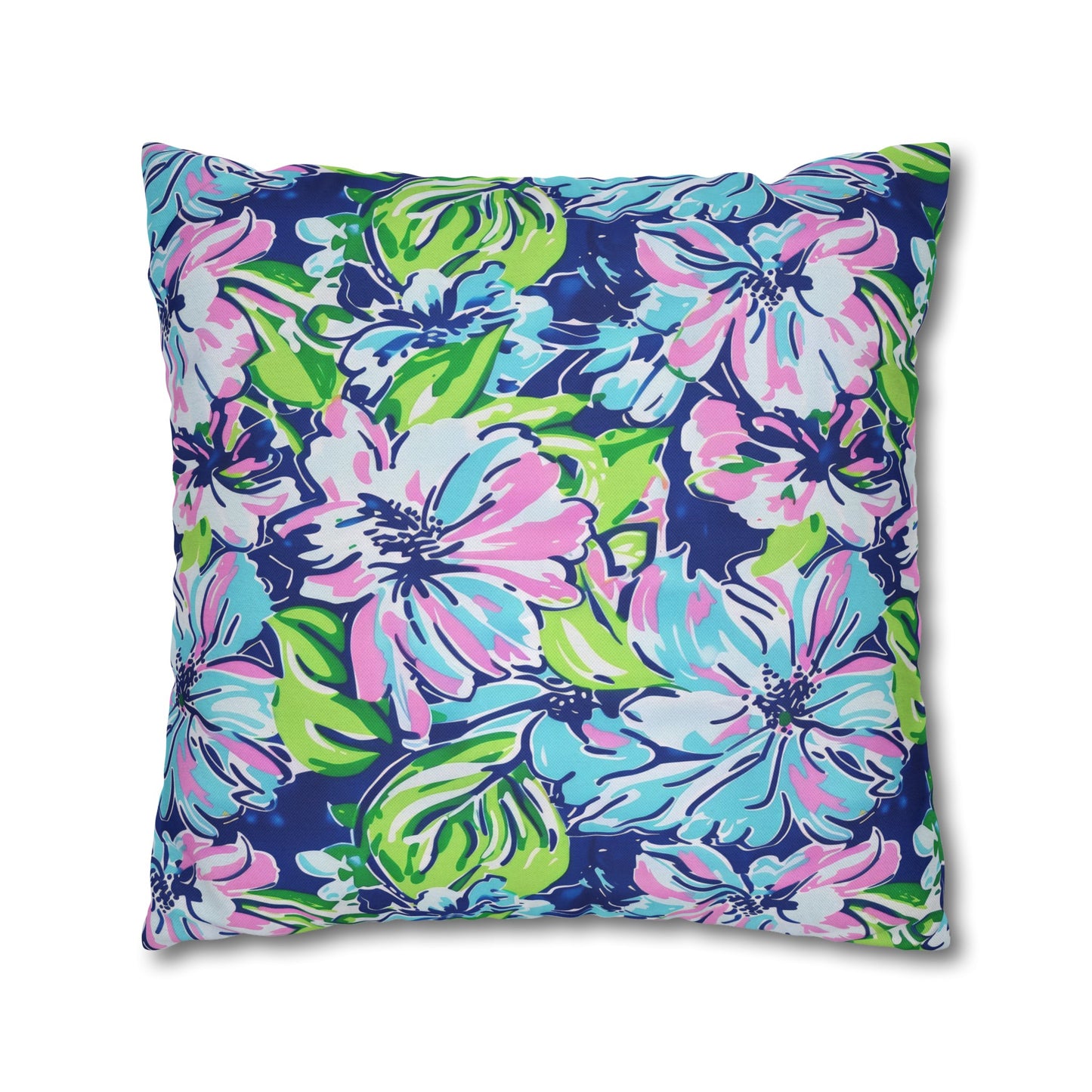 Seaside Coastal Pink, Navy, and Green Tropical Blooms Spun Polyester Square Pillowcase 4 Sizes