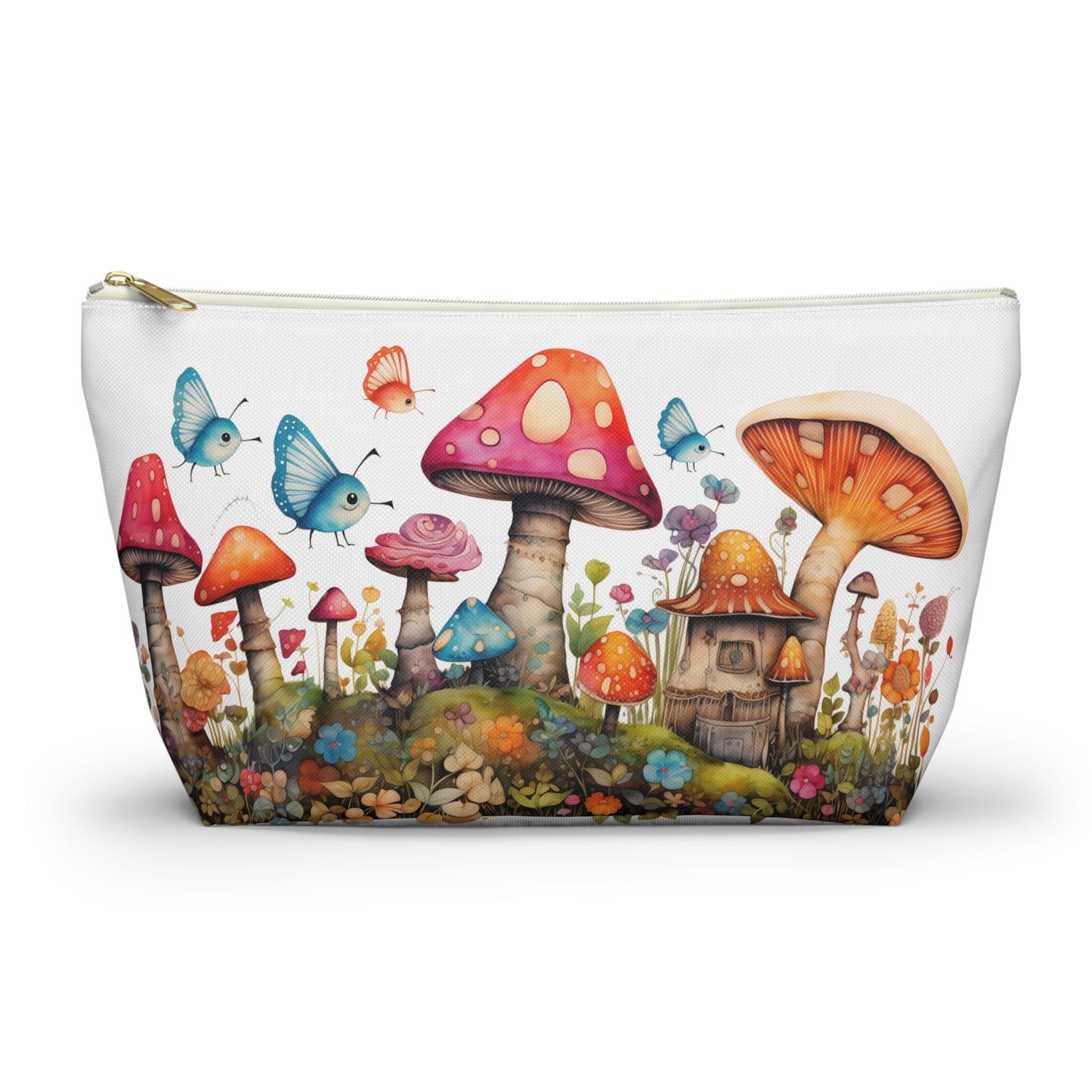 Enchanting Mushroom Cottage Adorned with Butterflies and Toadstools - Makeup & Accessory Bag 2 Sizes