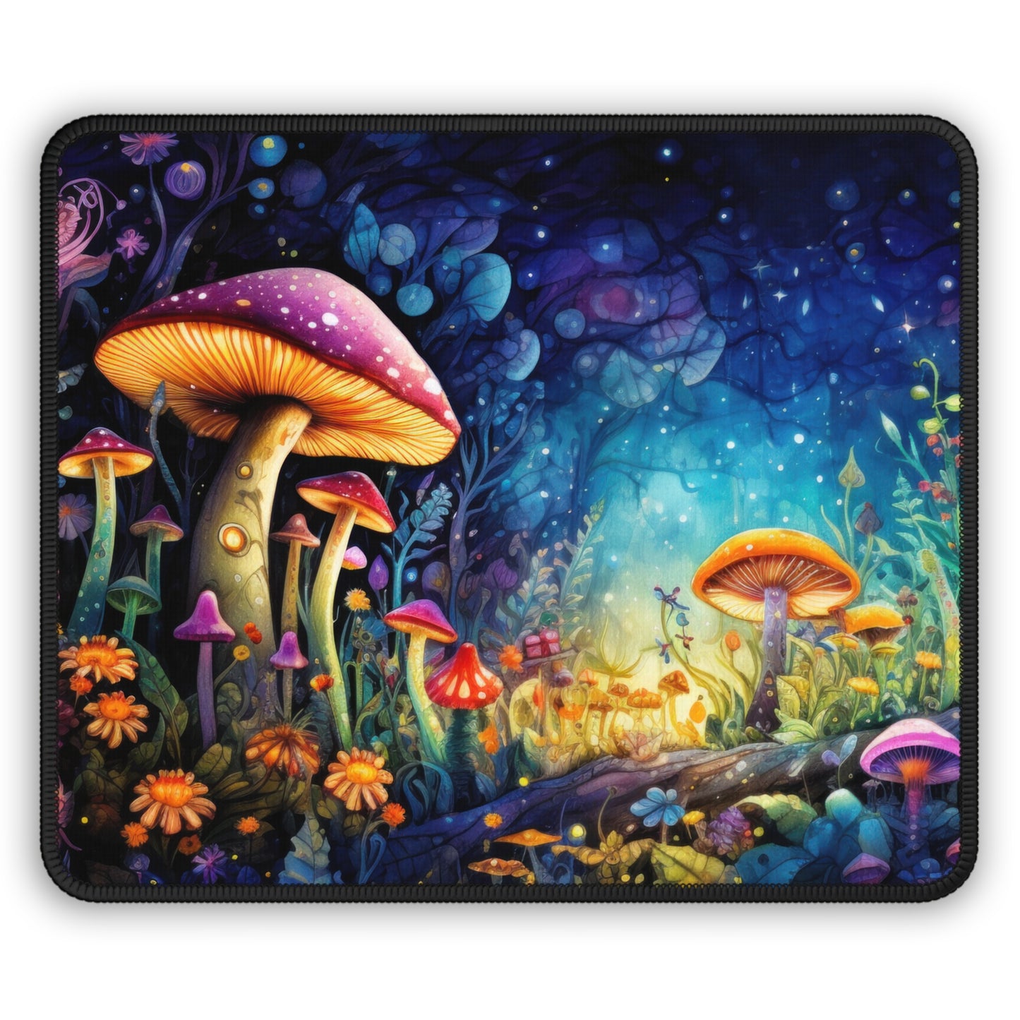 Fantasy Neon Midnight Mushroom and Flower Garden Gaming Mouse Pad with Finished Edges