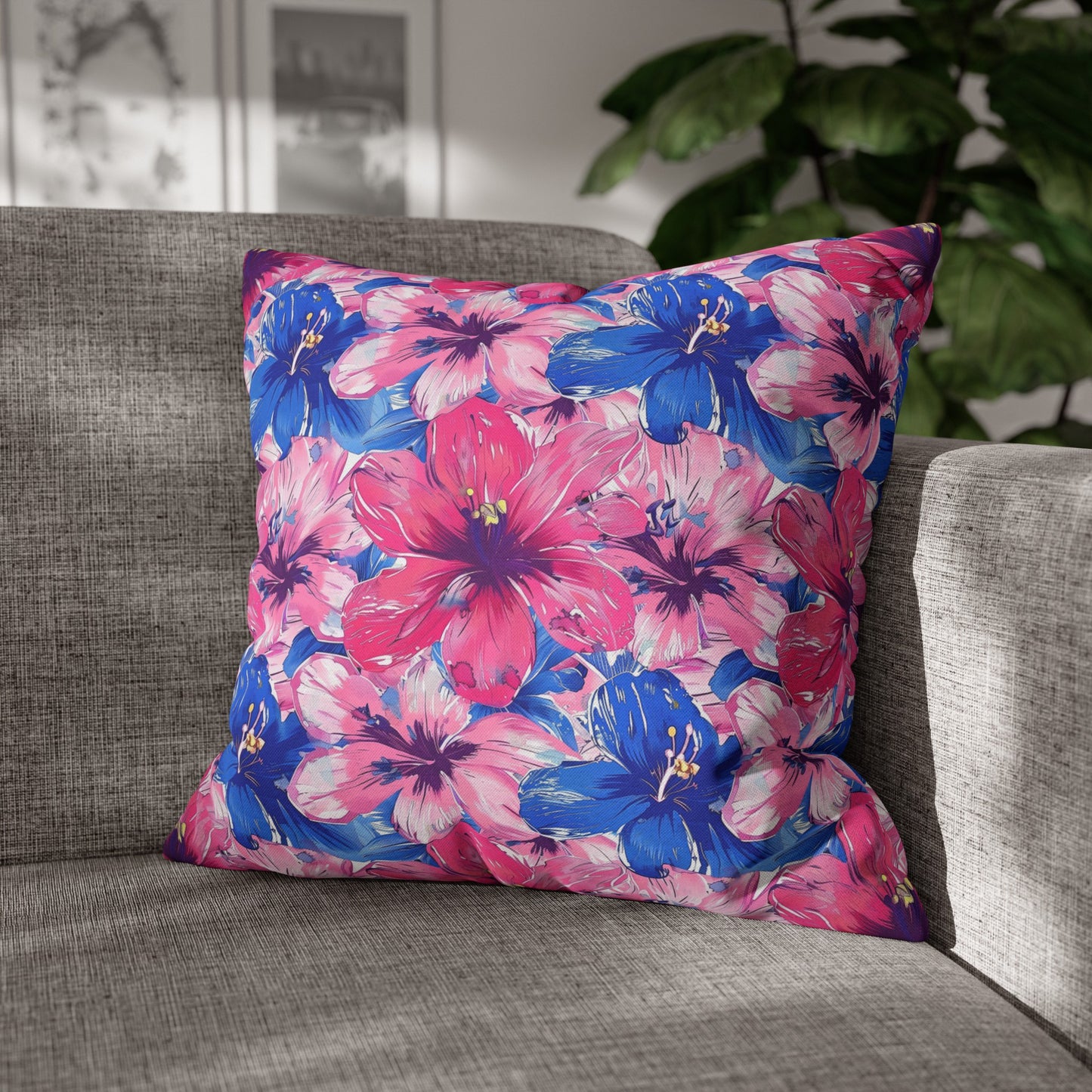 Blooming Bliss: Large Pink and Blue Blossoms in Full Bloom Spun Polyester Square Pillowcase 4 Sizes