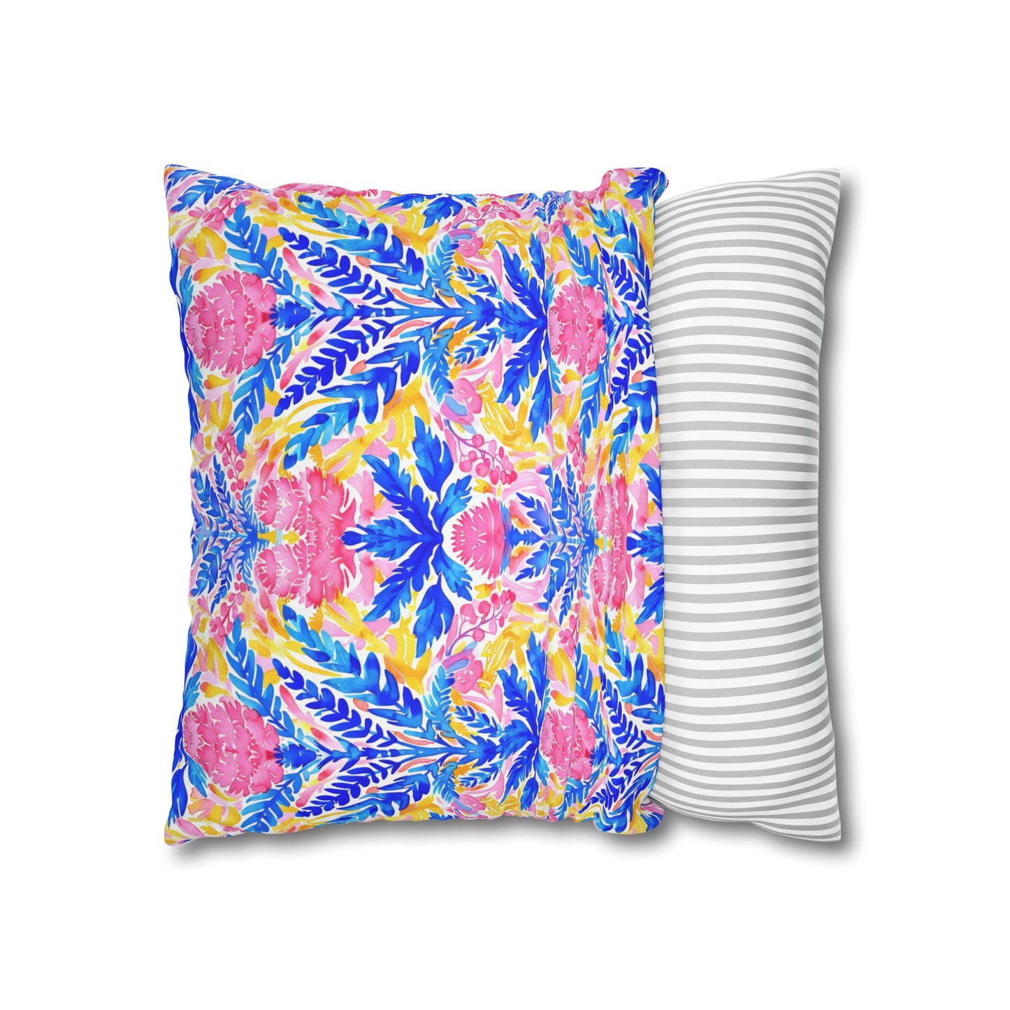 Tropical Watercolor Blooms in Vibrant Pinks and Blues Spun Polyester Square Pillowcase 4 Sizes