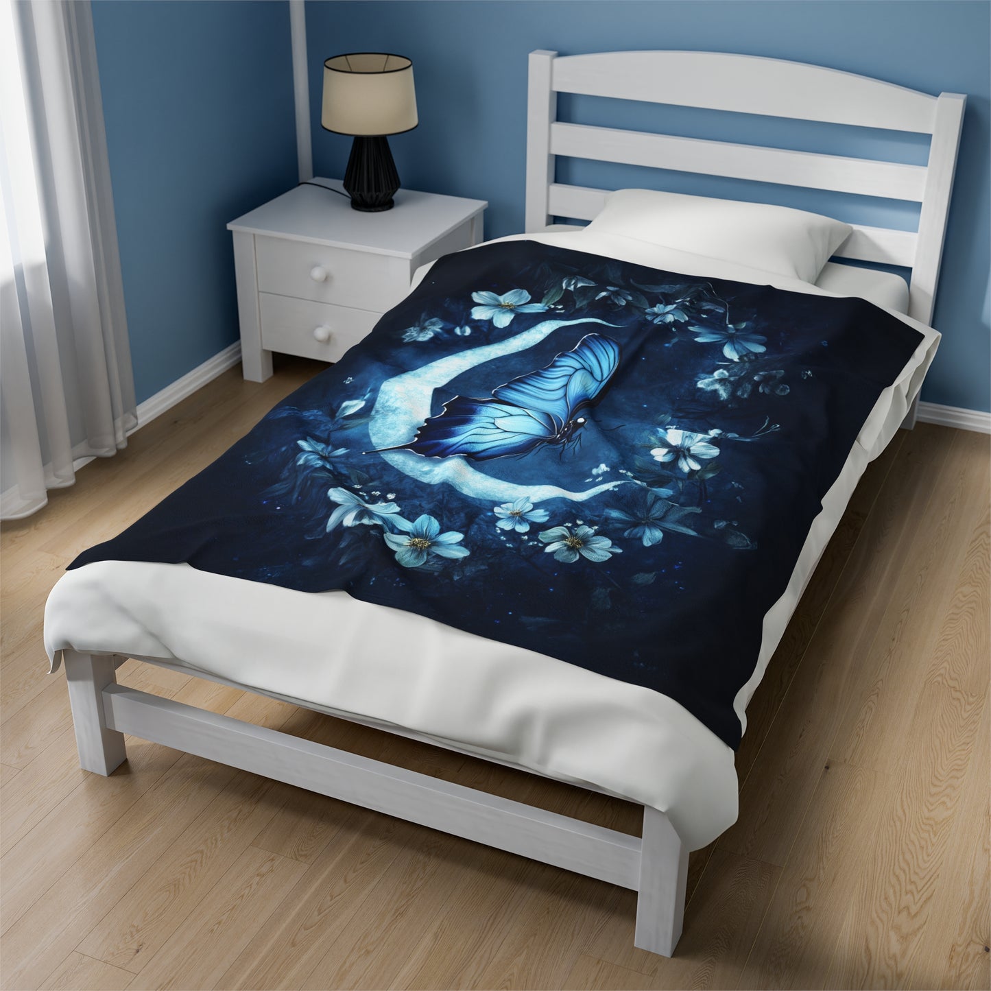 Celestial Blue Butterfly on a Crescent Moon Amidst Starlit Flowers Velveteen Plush Blanket 3 Sizes