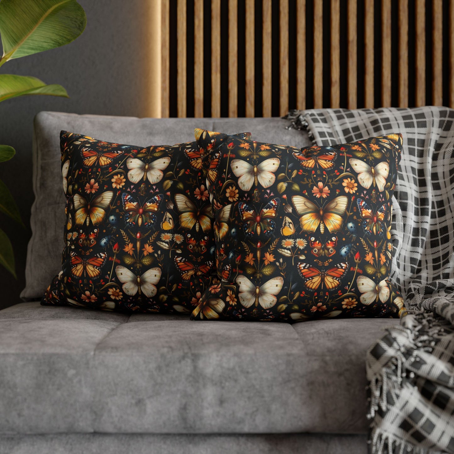 Enchanted Garden of Butterflies and Botanicals in Rich Autumn Hues on a Deep Night Background Polyester Square Pillowcase 4 Sizes