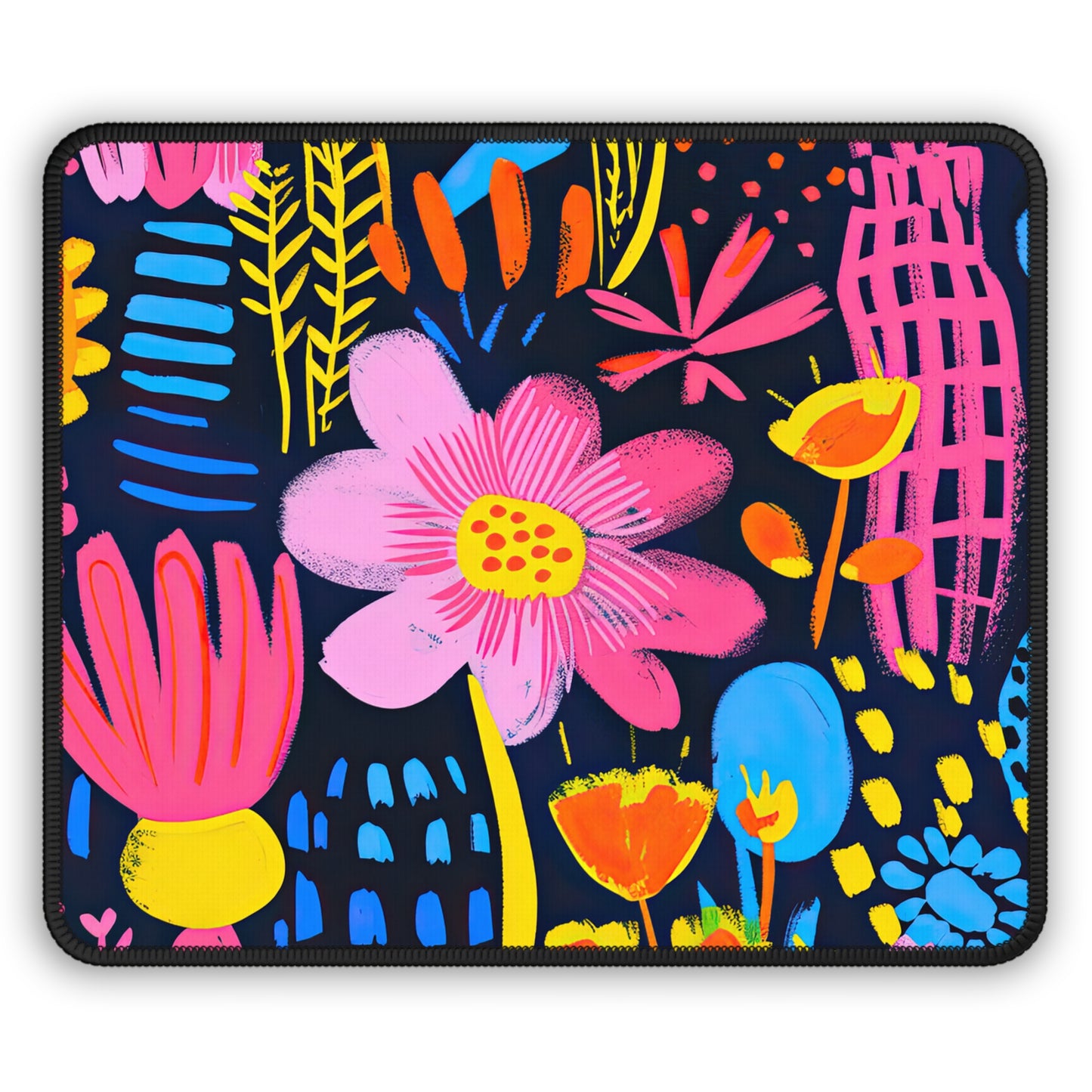 Abstract Floral Delight: Pink, Blue, and Yellow Blossoms Gaming Mouse Pad with Finished Edges