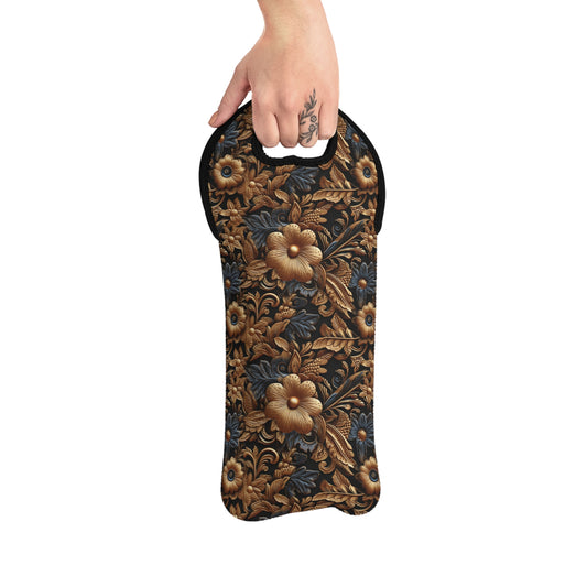 Tooled Leather Gold Flowers with Blue Leaves Accent Print Design Wine Tote Bag Reusable Eco Friendly