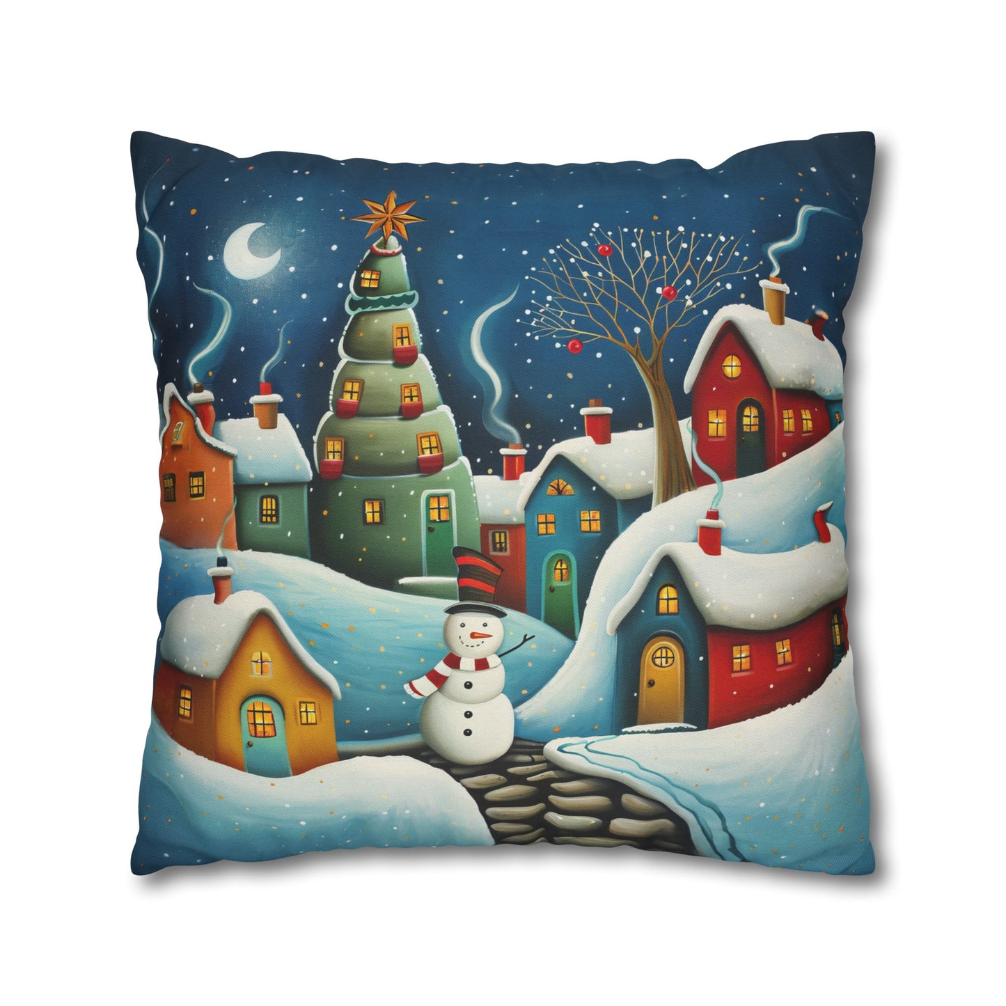 Starry Snowman Serenade: Village under a Starry Night Sky Spun Polyester Square Pillowcase 4 Sizes