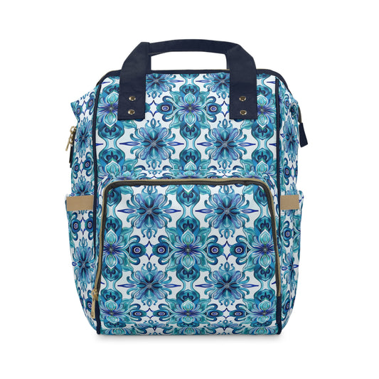 Blossom Symphony of Blue Teal Intricate Floral Pattern Multifunctional Diaper Backpack