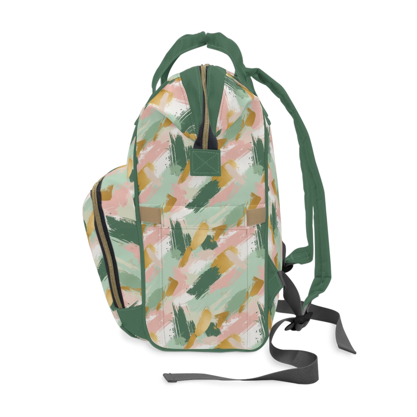 Spring Brushstrokes Abstract in Light Green, Pink, and Gold Multifunctional Diaper Backpack