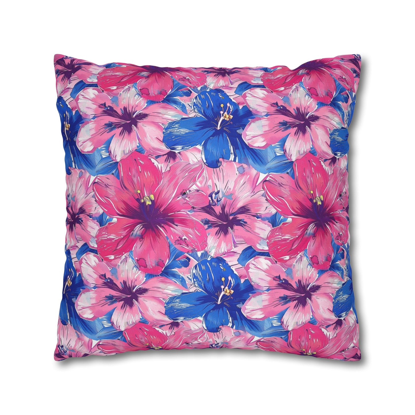 Blooming Bliss: Large Pink and Blue Blossoms in Full Bloom Spun Polyester Square Pillowcase 4 Sizes